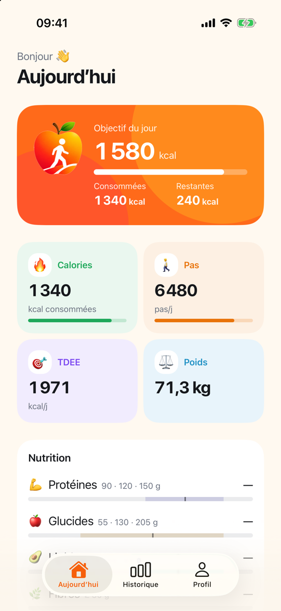 L'écran Aujourd'hui de Calorie Juste : objectif du jour 1 580 kcal, 1 340 kcal consommées, 240 restantes, 6 480 pas, dépense de 1 971 kcal par jour, poids 71,3 kg