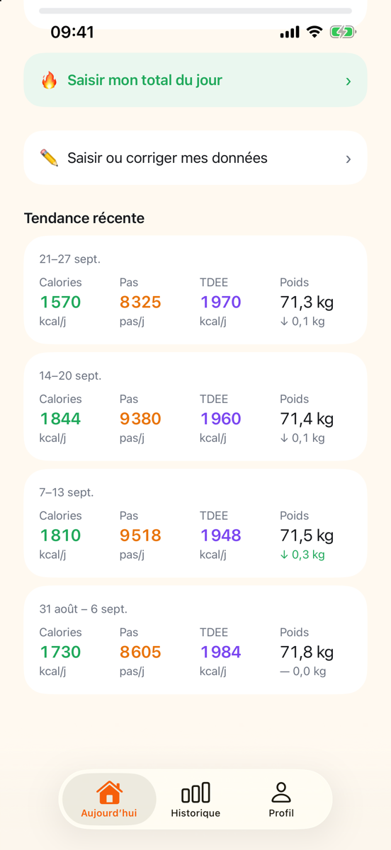 Extrait de l'écran Tendance récente : semaines avec calories, pas, dépense et poids (données de démonstration)