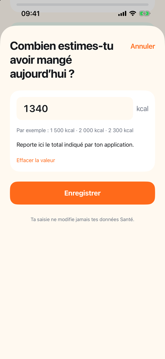 Écran de saisie : combien estimes-tu avoir mangé aujourd'hui ?